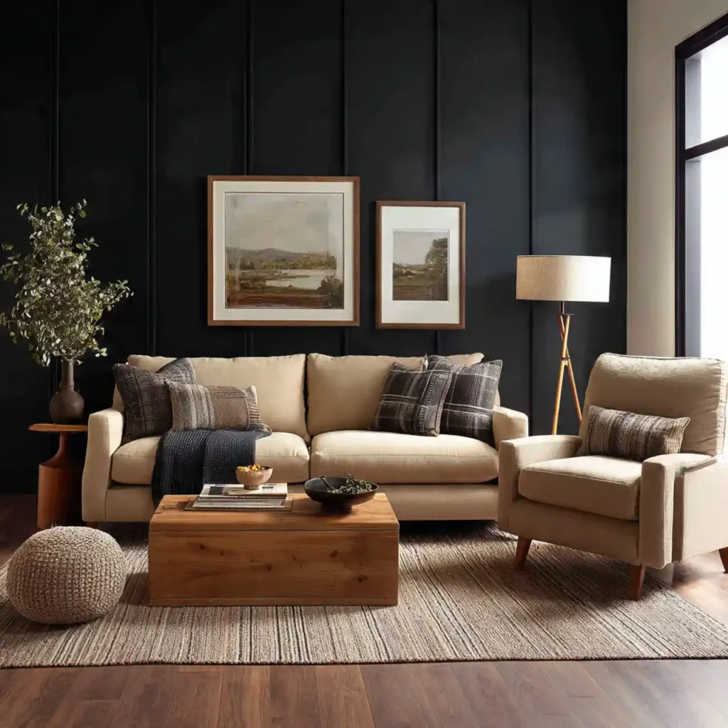 11-black accent wall living room idea