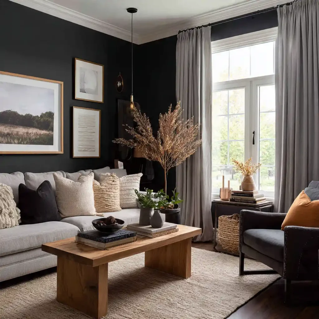 17-black accent wall living room idea