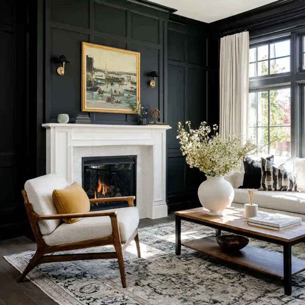 7-black accent wall living room idea